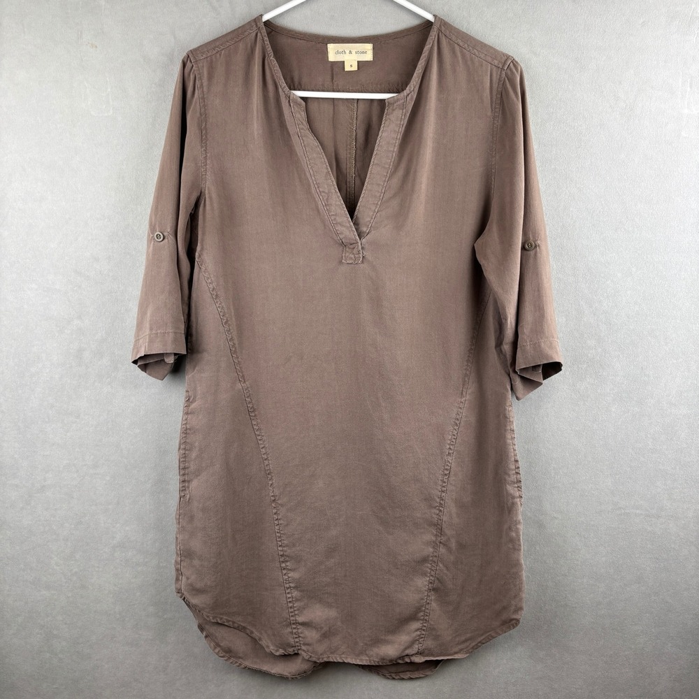Cloth & Stone Wmns S Tencel Lyocell Roll Tab Sleeve Tunic Top Brown Earthy Lagen